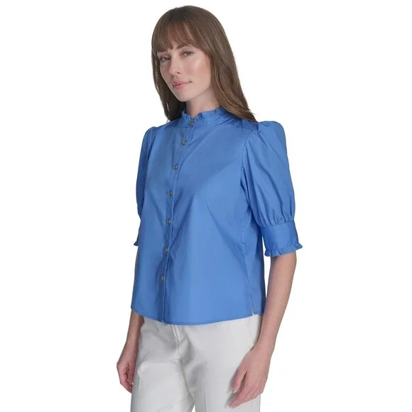 Tommy Hilfiger Puff-Sleeve Blouse Women's M Blue Ruffle Collar Button Closures - Picture 3 of 15